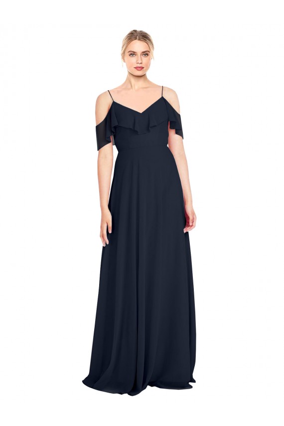 Usine Bleu marine foncé Trapèze Épaule Dénudée Bretelles spaghetti Mousseline Longue Robes demoiselle d'honneur