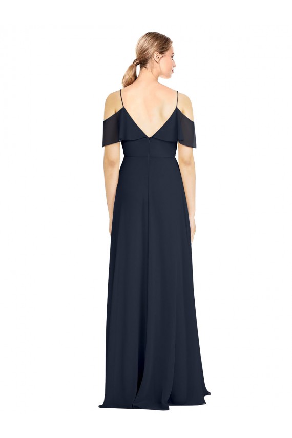 Usine Bleu marine foncé Trapèze Épaule Dénudée Bretelles spaghetti Mousseline Longue Robes demoiselle d'honneur