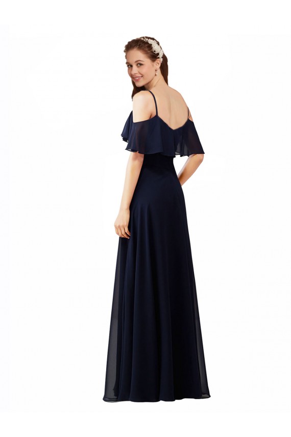 Usine Bleu marine foncé Trapèze Épaule Dénudée Col V Mousseline Longue Robes demoiselle d'honneur