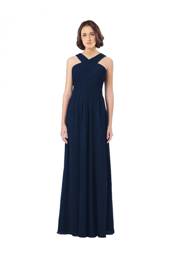 Usine Bleu marine foncé Trapèze Épaule Dénudée Mousseline Longue Robes demoiselle d'honneur