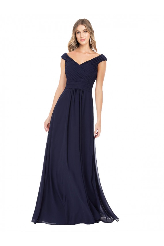 Usine Bleu marine foncé Trapèze Épaule Dénudée Mousseline Longue Robes demoiselle d'honneur