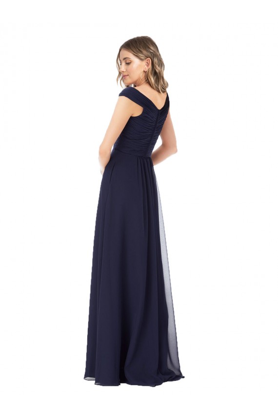 Usine Bleu marine foncé Trapèze Épaule Dénudée Mousseline Longue Robes demoiselle d'honneur