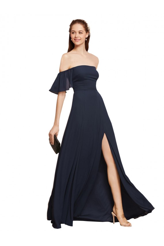 Usine Bleu marine foncé Trapèze Épaule Dénudée Mousseline Longue Robes demoiselle d'honneur / Robes de bal