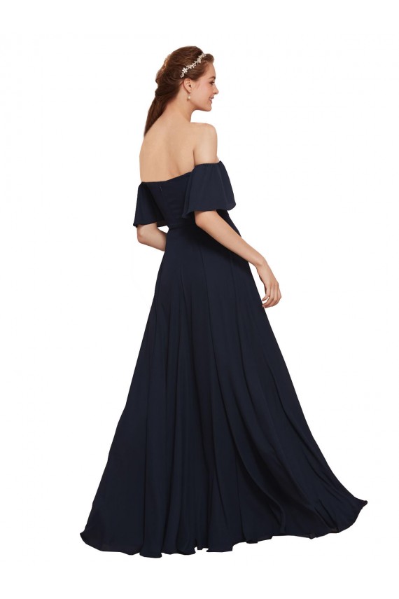 Usine Bleu marine foncé Trapèze Épaule Dénudée Mousseline Longue Robes demoiselle d'honneur / Robes de bal