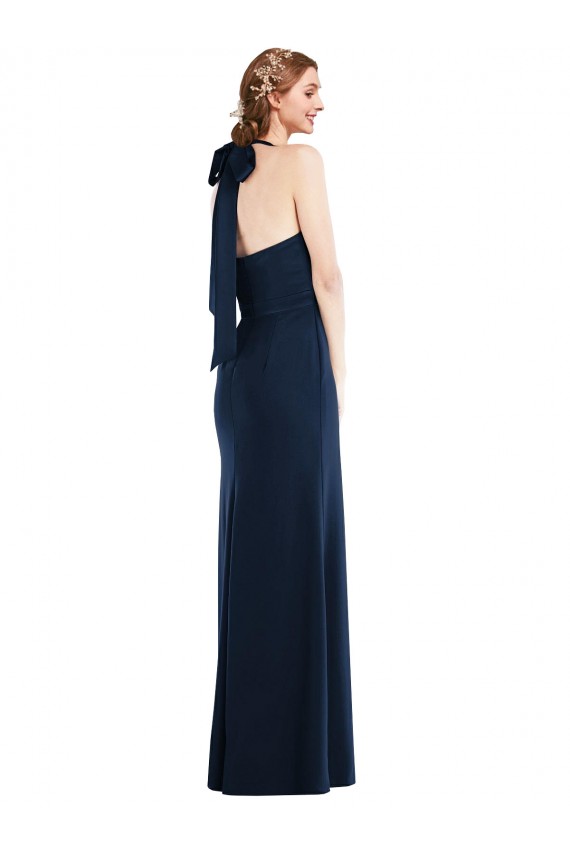 Usine Bleu marine foncé Trompette Col Haut Crêpe Stretch Longue Robes demoiselle d'honneur / Robes de bal
