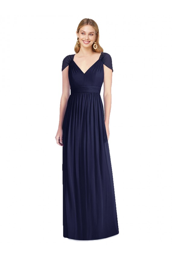Usine Bleu marine foncé Trompette Col V Mousseline Longue Robes demoiselle d'honneur