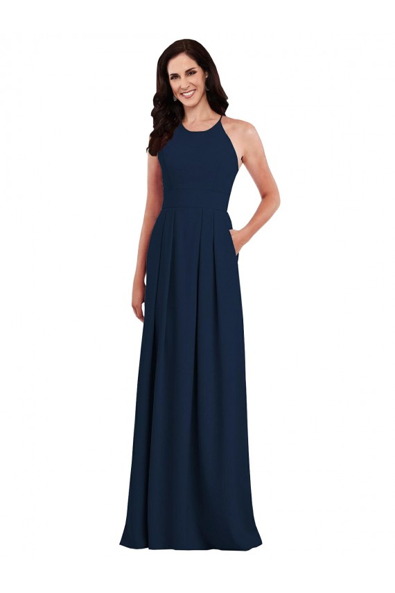 Usine Bleu marine foncé Trompette Licou Crêpe Stretch Longue Robes demoiselle d'honneur