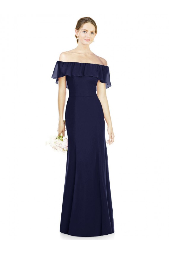 Usine Bleu marine foncé Trompette Épaule Dénudée Mousseline Longue Robes demoiselle d'honneur