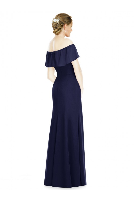 Usine Bleu marine foncé Trompette Épaule Dénudée Mousseline Longue Robes demoiselle d'honneur