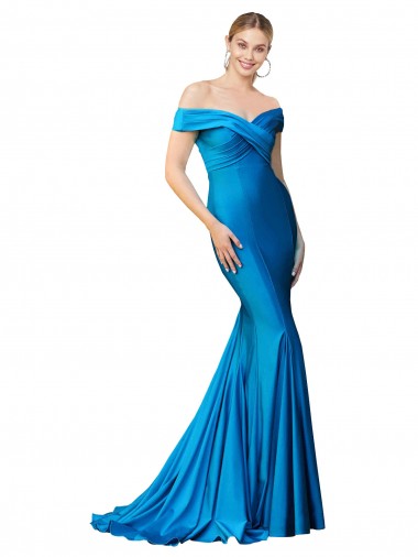 Usine Bleu paon Sirène Épaule Dénudée Satiné Longue Formelles Robes demoiselle d'honneur / Robes de soirée / Robes de bal