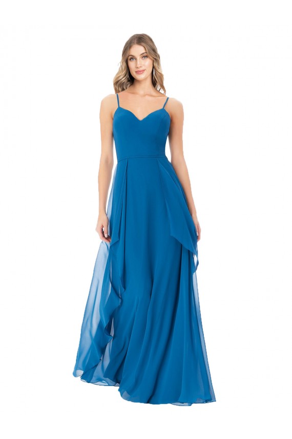 Usine Bleu paon Trapèze Bretelles spaghetti Mousseline Longue Robes demoiselle d'honneur