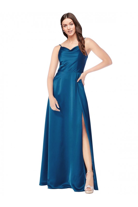 Usine Bleu paon Trapèze Bretelles spaghetti Satiné Soyeux Longue Formelles Robes demoiselle d'honneur / Robes de soirée / Robes de bal