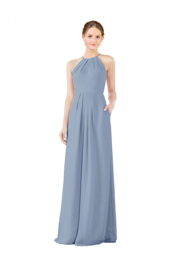Usine Bleu poussiéreux Fourreau Licou Col Haut Mousseline Longue Robes demoiselle d'honneur
