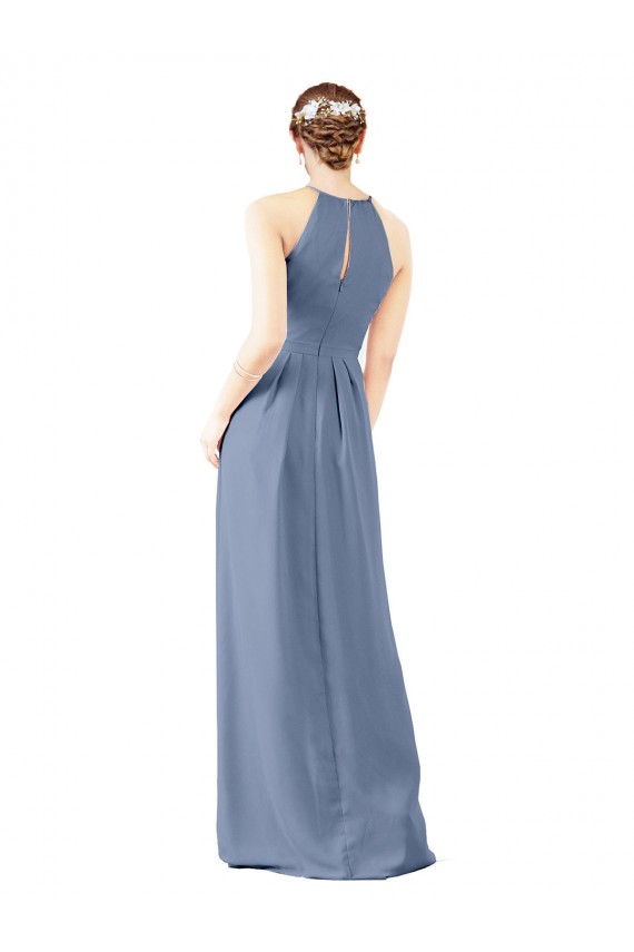 Usine Bleu poussiéreux Fourreau Licou Col Haut Mousseline Longue Robes demoiselle d'honneur