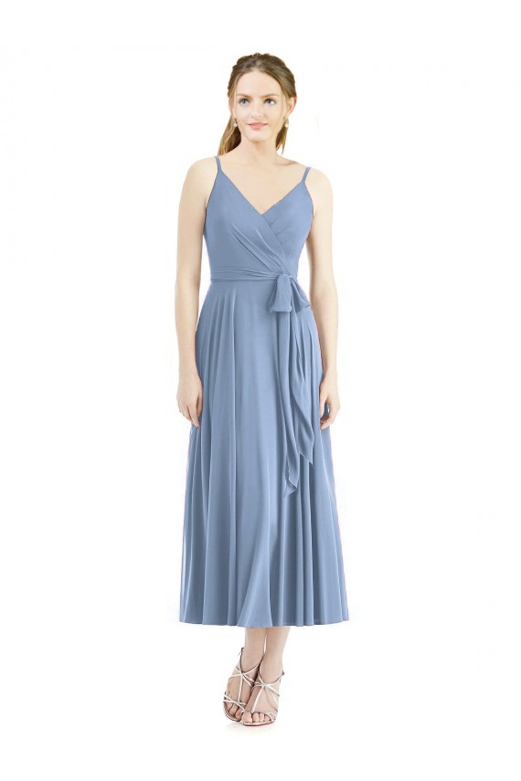 Usine Bleu poussiéreux Trapèze Bretelles spaghetti Mousseline Courte Robes demoiselle d'honneur