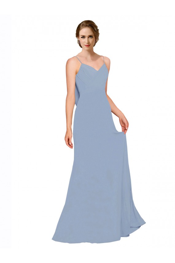 Usine Bleu poussiéreux Trapèze Bretelles spaghetti Mousseline Longue Robes demoiselle d'honneur