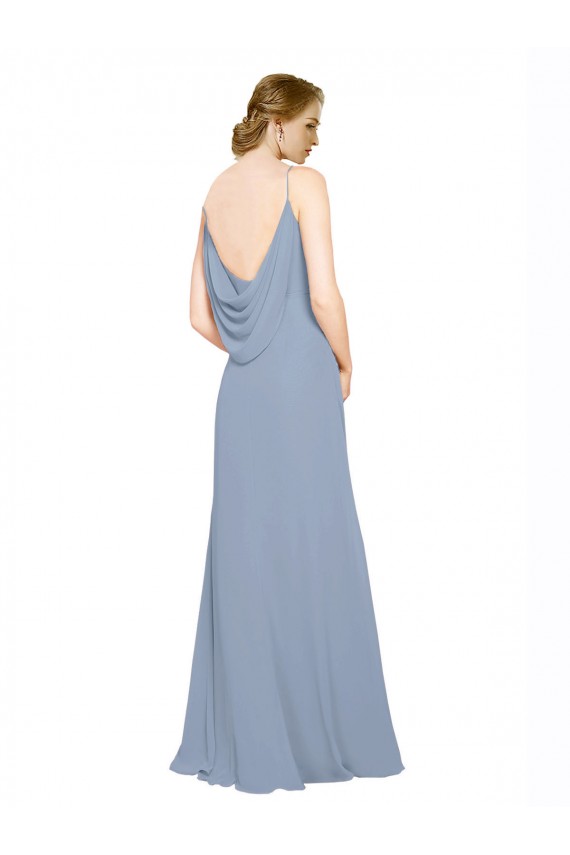 Usine Bleu poussiéreux Trapèze Bretelles spaghetti Mousseline Longue Robes demoiselle d'honneur
