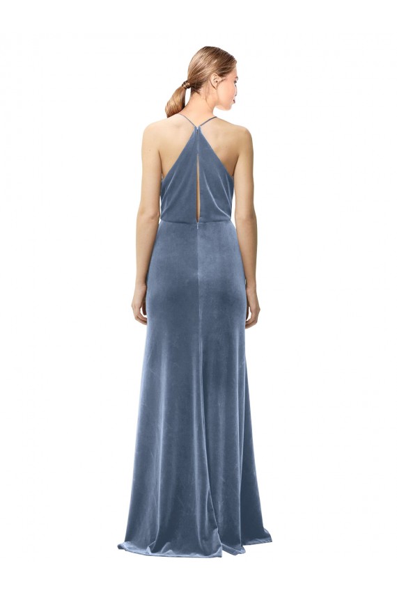 Usine Bleu poussiéreux Trapèze Bretelles spaghetti Velours Stretch Longue Robes demoiselle d'honneur / Robes de bal