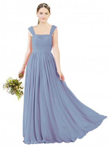 Usine Bleu poussiéreux Trapèze Col Carré Mousseline Longue Robes demoiselle d'honneur