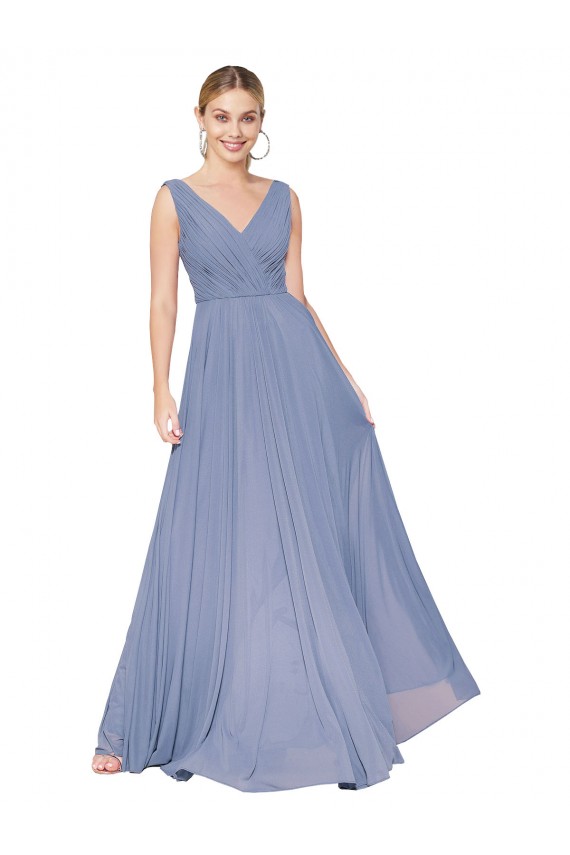 Usine Bleu poussiéreux Trapèze Col V Mousseline Longue Formelles Robes demoiselle d'honneur / Robes de soirée / Robes de bal