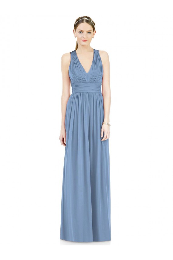 Usine Bleu poussiéreux Trapèze Col V Mousseline Longue Robes demoiselle d'honneur