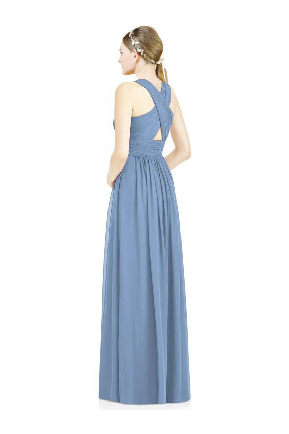 Usine Bleu poussiéreux Trapèze Col V Mousseline Longue Robes demoiselle d'honneur