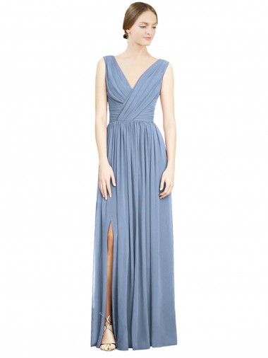 Usine Bleu poussiéreux Trapèze Col V Mousseline Longue Robes demoiselle d'honneur