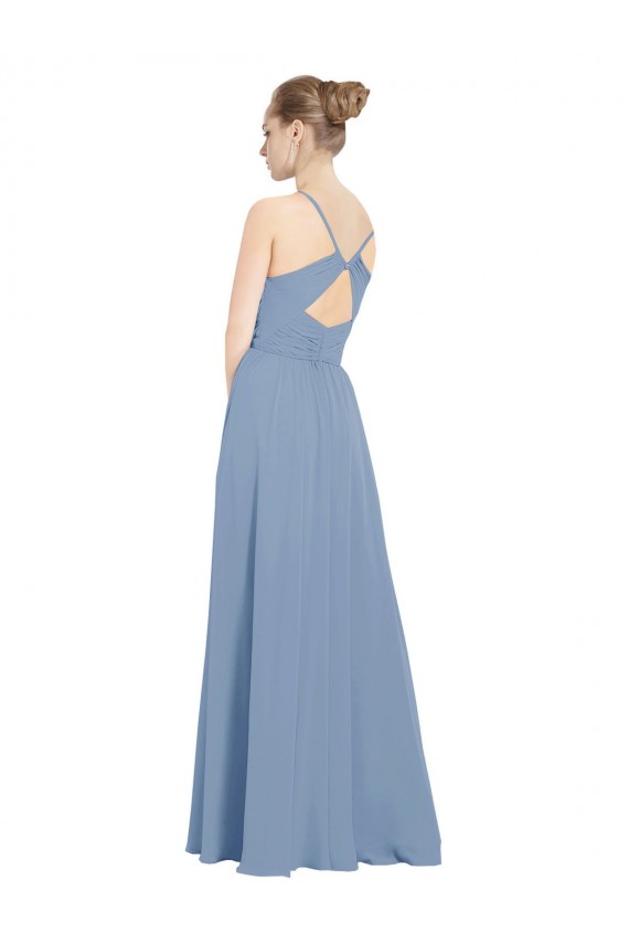 Usine Bleu poussiéreux Trapèze Col V Mousseline Longue Robes demoiselle d'honneur