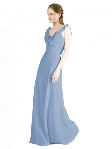 Usine Bleu poussiéreux Trapèze Col V Mousseline Longue Robes demoiselle d'honneur