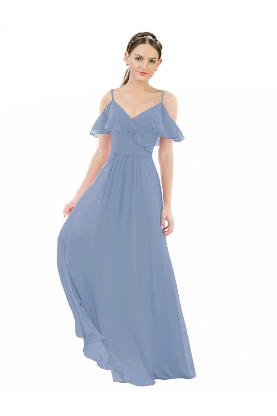 Usine Bleu poussiéreux Trapèze Col V Mousseline Longue Robes demoiselle d'honneur