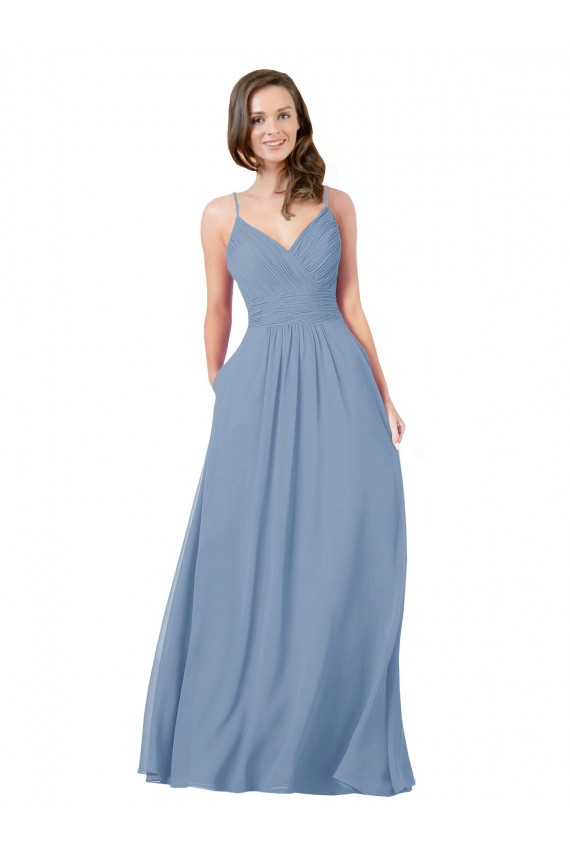 Usine Bleu poussiéreux Trapèze Col V Mousseline Longue Robes demoiselle d'honneur