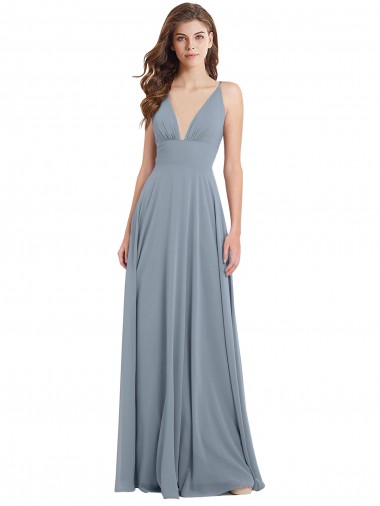 Usine Bleu poussiéreux Trapèze Col V Mousseline Longue Robes demoiselle d'honneur