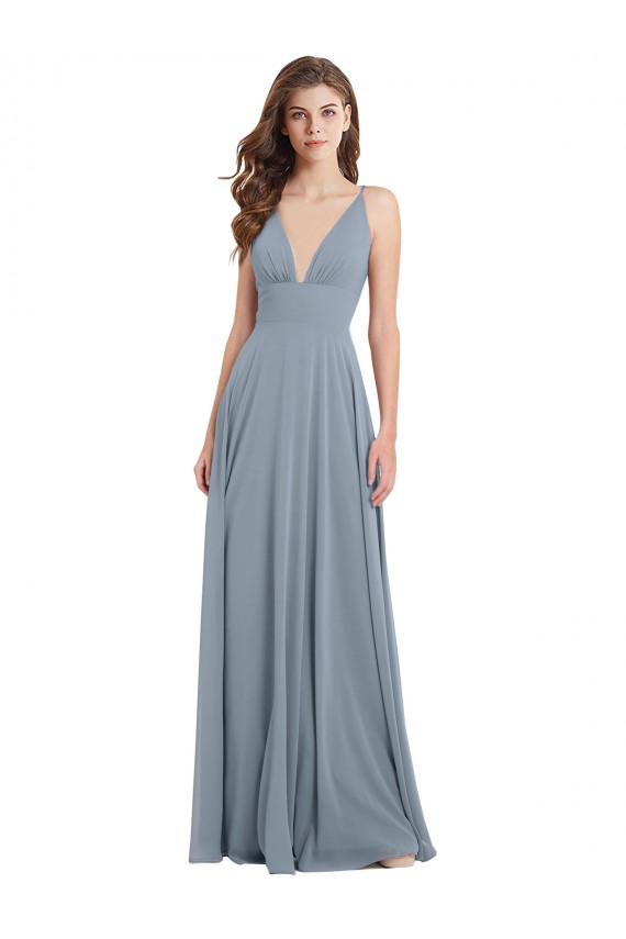 Usine Bleu poussiéreux Trapèze Col V Mousseline Longue Robes demoiselle d'honneur