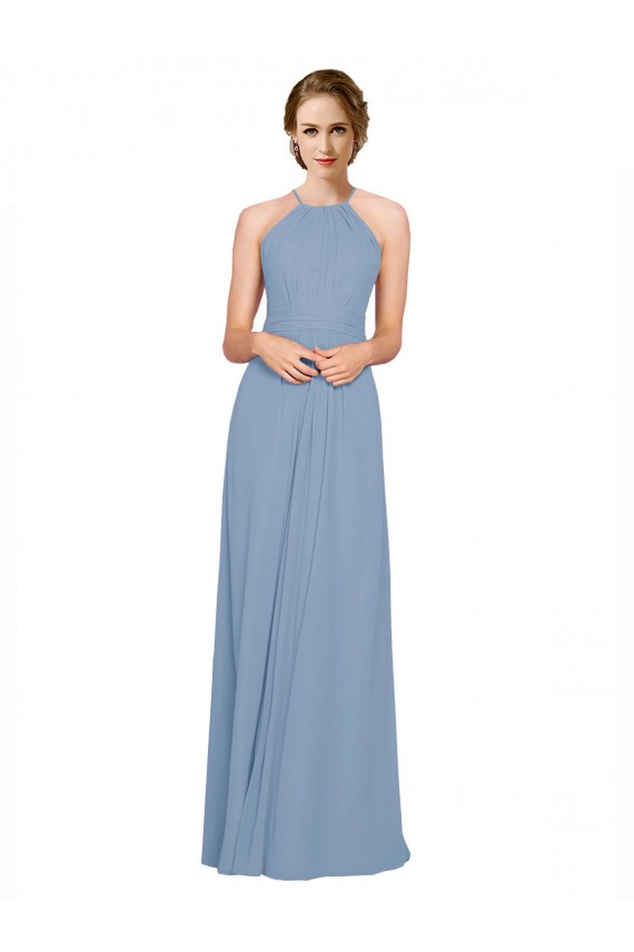 Usine Bleu poussiéreux Trapèze Licou Col Haut Mousseline Longue Robes demoiselle d'honneur