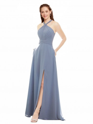 Usine Bleu poussiéreux Trapèze Licou Col Haut Mousseline Longue Robes demoiselle d'honneur