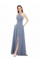 Usine Bleu poussiéreux Trapèze Licou Col Haut Mousseline Longue Robes demoiselle d'honneur