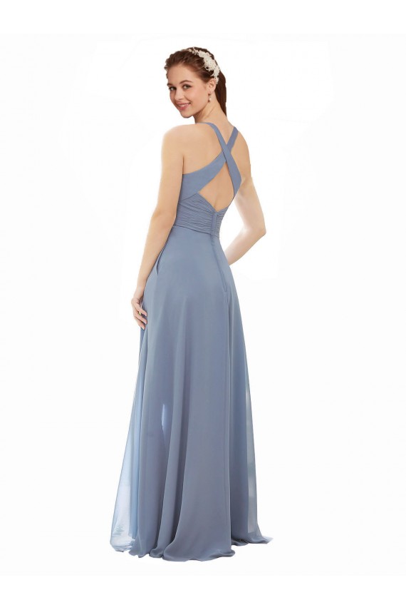 Usine Bleu poussiéreux Trapèze Licou Col Haut Mousseline Longue Robes demoiselle d'honneur