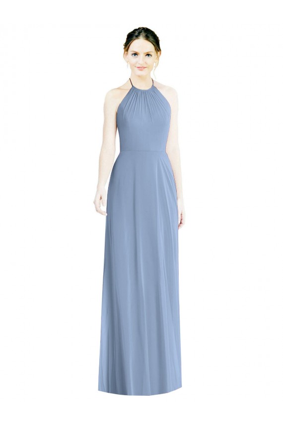 Usine Bleu poussiéreux Trapèze Licou Mousseline Longue Robes demoiselle d'honneur