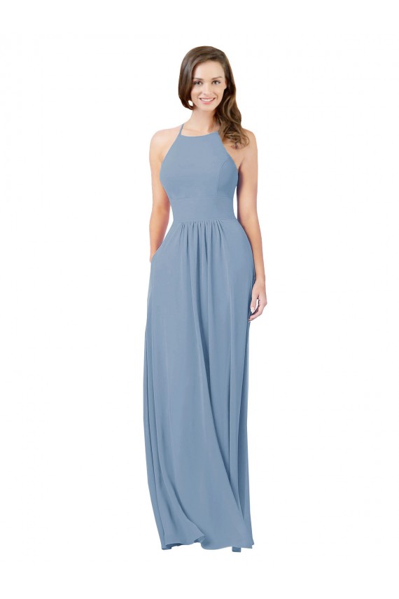 Usine Bleu poussiéreux Trapèze Licou Mousseline Longue Robes demoiselle d'honneur