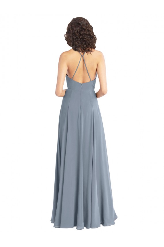 Usine Bleu poussiéreux Trapèze Licou Mousseline Longue Robes demoiselle d'honneur