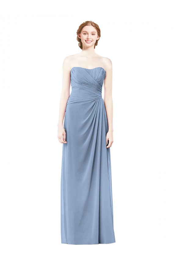 Usine Bleu poussiéreux Trapèze Sans bretelle Mousseline Longue Robes demoiselle d'honneur
