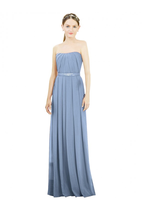 Usine Bleu poussiéreux Trapèze Sans bretelle Mousseline Longue Robes demoiselle d'honneur