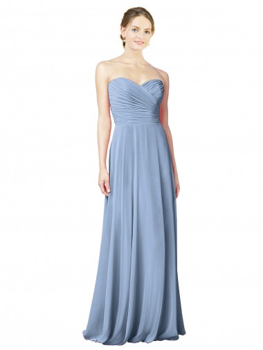 Usine Bleu poussiéreux Trapèze Sans bretelle Mousseline Longue Robes demoiselle d'honneur