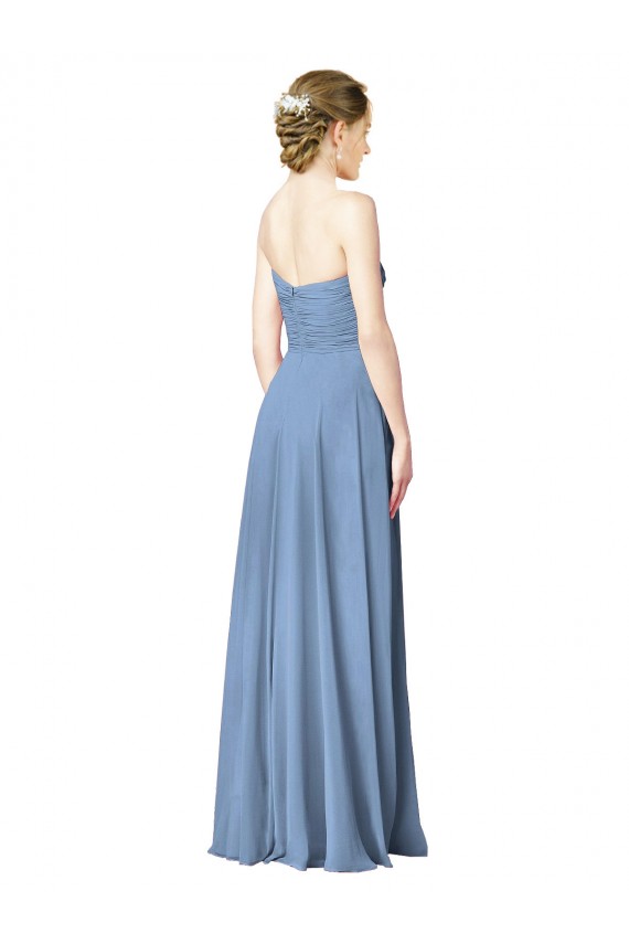 Usine Bleu poussiéreux Trapèze Sans bretelle Mousseline Longue Robes demoiselle d'honneur