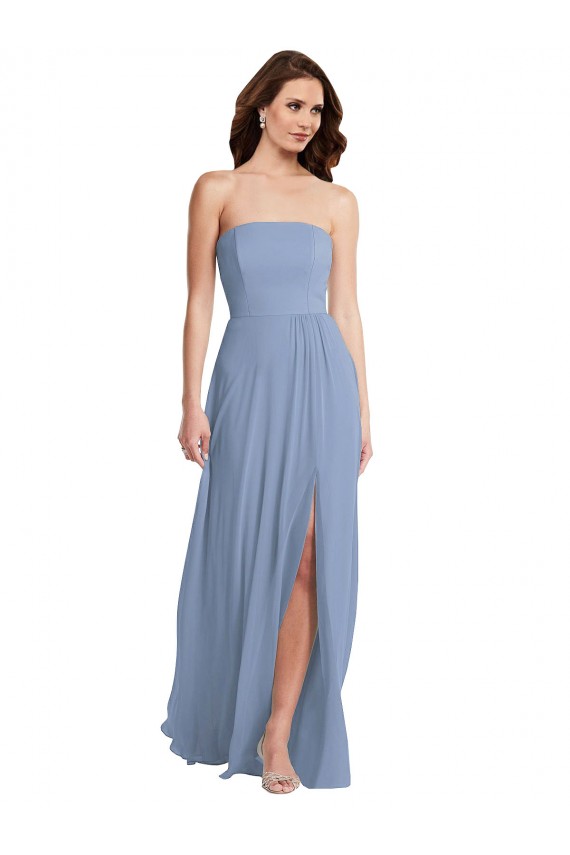 Usine Bleu poussiéreux Trapèze Sans bretelle Mousseline Longue Robes demoiselle d'honneur