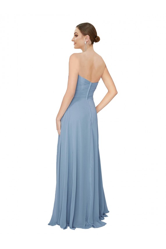 Usine Bleu poussiéreux Trapèze Sans bretelle Mousseline Longue Robes demoiselle d'honneur