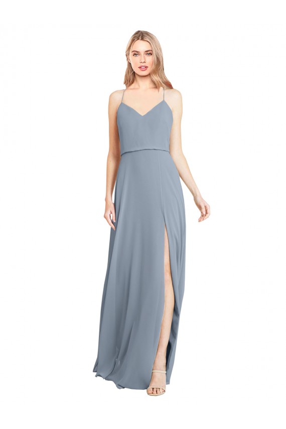 Usine Bleu poussiéreux Trapèze Épaule Dénudée Bretelles spaghetti Mousseline Longue Robes demoiselle d'honneur
