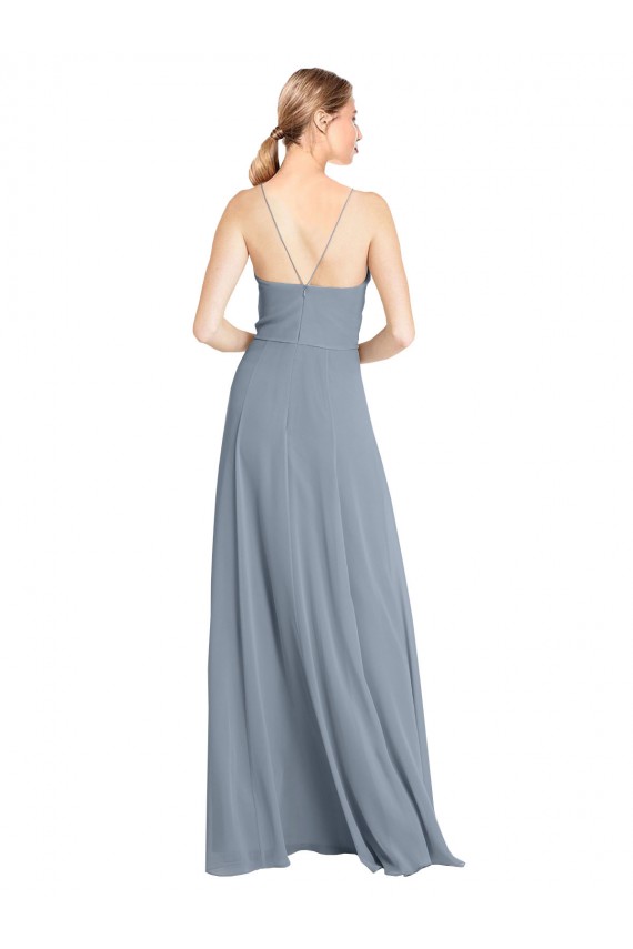 Usine Bleu poussiéreux Trapèze Épaule Dénudée Bretelles spaghetti Mousseline Longue Robes demoiselle d'honneur