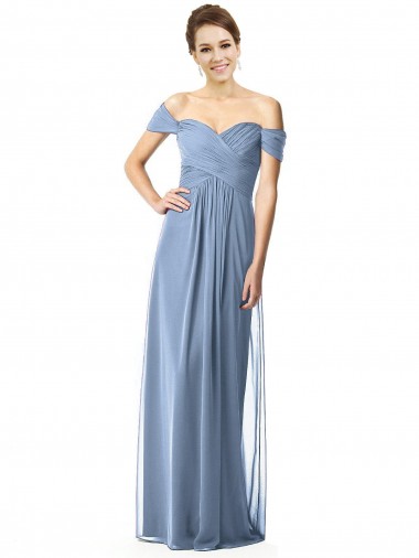 Usine Bleu poussiéreux Trapèze Épaule Dénudée Mousseline Longue Robes demoiselle d'honneur