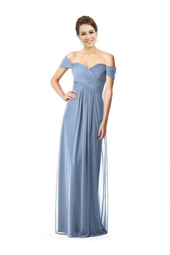 Usine Bleu poussiéreux Trapèze Épaule Dénudée Mousseline Longue Robes demoiselle d'honneur